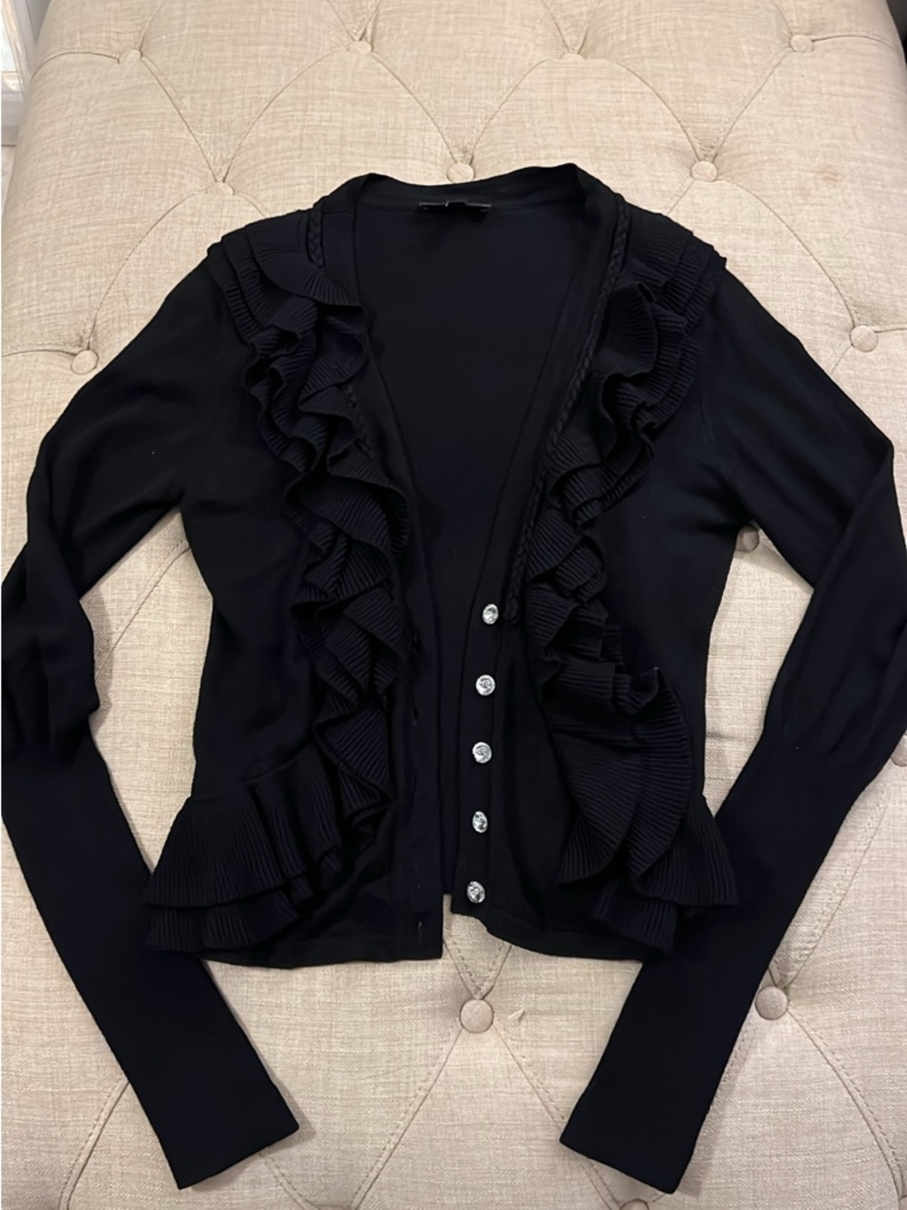Bebe Black Ruffle-Front Women's Cardigan Sweater